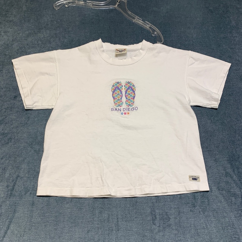 Vintage Oarsman 913 San Diego Flip Flops T-Shirt Womens White Embroidered